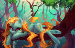 Size: 2200x1400 | Tagged: safe, artist:my-magic-dream, oc, oc only, species:pegasus, species:pony, forest, looking at you, reflection, solo, tree, underwater, water