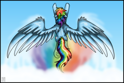 Size: 3511x2345 | Tagged: safe, artist:stormblaze-pegasus, character:rainbow dash, both cutie marks, cloud, female, flying, solo, underhoof