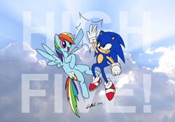 Size: 4300x3000 | Tagged: safe, artist:redapropos, character:rainbow dash, character:sonic the hedgehog, cloud, crossover, high five, sonic the hedgehog (series)