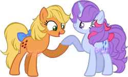 Size: 946x567 | Tagged: safe, artist:skulifuck, character:applejack (g1), character:sparkler (g1), species:earth pony, species:pony, g1, duo, female, g1 to g4, generation leap, holding hooves, mare, simple background, transparent background, watermark