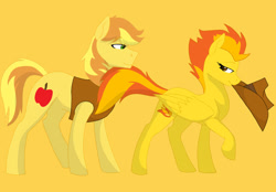 Size: 700x488 | Tagged: safe, artist:colourstrike, character:braeburn, character:spitfire, species:earth pony, species:pegasus, species:pony, accessory theft, duo, female, male, mare, mouth hold, raised hoof, seduction, shipping, simple background, spitburn, stallion, straight, tail seduce, yellow background