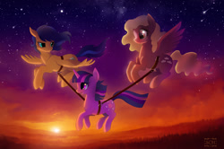 Size: 1000x664 | Tagged: safe, artist:scheadar, character:twilight sparkle, character:twilight sparkle (unicorn), oc, species:pegasus, species:pony, species:unicorn, assisted flying, dusk, starry night, stars, sunset, twilight (astronomy)