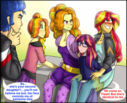 Size: 2269x1837 | Tagged: safe, artist:namygaga, character:adagio dazzle, character:flash sentry, character:sunset shimmer, oc, oc:sunshine glow, oc:violet sunrise, parent:adagio dazzle, parent:sci-twi, parent:sunset shimmer, parent:twilight sparkle, parents:scitwishimmer, parents:sunsagio, parents:sunsetsparkle, ship:sunsagio, my little pony:equestria girls, female, implied infidelity, implied sunsetsparkle, lesbian, magical lesbian spawn, offspring, shipping