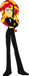 Size: 234x602 | Tagged: safe, artist:toonalexsora007, character:sunset shimmer, my little pony:equestria girls, clothing, crossover, female, gun, james bond, long legs, pistol, pixel art, solo, suit, suppressor, tuxedo, walther ppk, weapon