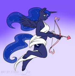 Size: 950x965 | Tagged: safe, artist:ethanqix, character:princess luna, species:alicorn, species:anthro, species:pony, arrow, bow (weapon), bow and arrow, clothing, cupid, female, hoof feet, solo