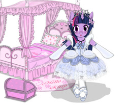 Size: 580x478 | Tagged: safe, artist:avchonline, character:twilight sparkle, ballerina, ballet slippers, bed, blushing, canterlot royal ballet academy, clothing, dress, female, frilly dress, hello kitty, hilarious in hindsight, looking at you, sanrio, solo, tiara, trunk, tutu, twilarina