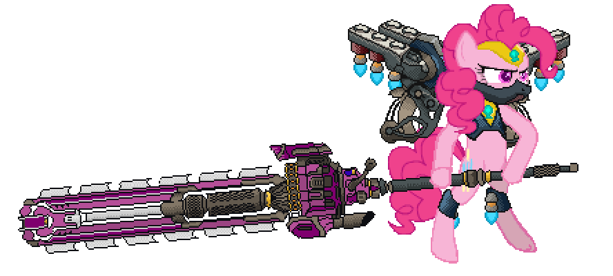 Size: 888x400 | Tagged: safe, artist:zeka10000, character:pinkie pie, species:earth pony, species:pony, animated, berserk, bipedal, chainsword, element of laughter, fan made, female, flying, god form, jetpack, mare, mask, skyforge, sword, warhammer (game), warhammer 40k, weapon