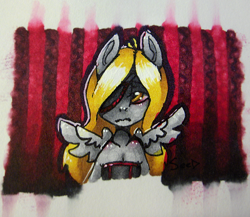 Size: 846x733 | Tagged: safe, artist:ferrettea, character:derpy hooves, species:anthro, clothing, copic, dress, red, sad, traditional art