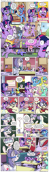 Size: 1200x4184 | Tagged: safe, artist:muffinshire, character:lemon hearts, character:lyra heartstrings, character:minuette, character:moondancer, character:night light, character:shining armor, character:spike, character:twilight sparkle, character:twilight velvet, character:twinkleshine, oc, oc:apple delight, oc:flyleaf, comic:twilight's first day, episode:slice of life, g4, my little pony: friendship is magic, baby spike, belly button, book, canterlot six, chemistry, comic, cute, dexterous hooves, erlenmeyer flask, female, filly, filly twilight sparkle, fire, flashback, flask, glasses, goggles, imagine spot, magic, mane on fire, moustache, muffinshire is trying to murder us, on fire, pencil, periodic table, reading, science, telekinesis, test tube, this will end in explosions, this will end in fire, twiabetes, vomit