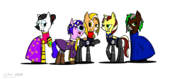 Size: 2592x1160 | Tagged: safe, artist:derpanater, oc, oc only, oc:harp melody, oc:rototom echo, oc:shamisen lesson, oc:sweet sax solo, oc:vibraphone echo, fallout equestria, armor, augmented, biohacking, cloak, clothing, commission, cyber pony, digital art, dress, fallout equestria: dance of the orthrus, hybrid, mirage pony, pipbuck, small horn, small wings, stripes, two toned mane, two toned wings