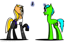 Size: 800x480 | Tagged: safe, artist:derpanater, oc, oc only, oc:live "derp" bait, oc:vibraphone echo, species:pony, species:unicorn, fallout equestria, augmented, biohacking, cutie mark, cyber pony, magic, mirage pony, mistleholly, pipbuck, stripes, two toned mane, two toned wings