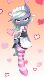 Size: 692x1200 | Tagged: safe, artist:hashioaryut, character:limestone pie, species:pony, bipedal, blushing, clothing, cute, female, gradient background, heart, limabetes, limetsun pie, looking at you, maid, socks, solo, striped socks, tsundere