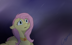 Size: 1024x649 | Tagged: safe, artist:rutkotka, character:fluttershy, species:pegasus, species:pony, cheated, confused, disappointed, element of kindness, elements of harmony, emotional, female, floppy ears, looking at something, lost, messy mane, open mouth, rain, solo, stray strand, wings down
