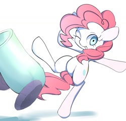 Size: 1024x985 | Tagged: dead source, safe, artist:skippy_the_moon, character:pinkie pie, species:pony, bipedal, cute, diapinkes, female, one eye closed, party cannon, simple background, smiling, solo, white background, wink