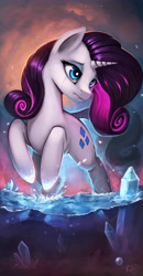Size: 3750x7225 | Tagged: safe, artist:rain-gear, character:rarity, species:pony, species:unicorn, g4, absurd resolution, crying, crystal, female, mare, sad, sadorable, solo, three quarter view, water