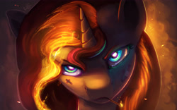 Size: 6000x3750 | Tagged: safe, artist:rain-gear, character:sunset shimmer, species:pony, species:unicorn, g4, badass, bandage, blue eyes, bust, dark, female, fiery shimmer, fire, glowing eyes, looking at you, mane of fire, mare, portrait, solo, wallpaper