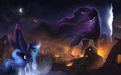 Size: 1920x1200 | Tagged: safe, artist:rain-gear, character:princess luna, character:tantabus, species:alicorn, species:pony, episode:do princesses dream of magic sheep?, background pony, burning, cloud, debris, epic, female, fire, fissure, flag, glowing horn, mare, metal as fuck, moon, nightmare, painting, raised hoof, ruins, scenery, spell, surreal