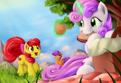 Size: 5700x3900 | Tagged: safe, artist:grennadder, character:apple bloom, character:scootaloo, character:sweetie belle, species:pegasus, species:pony, apple, backwards cutie mark, cutie mark, cutie mark crusaders, food, magic, open mouth, picnic, picnic basket, picnic blanket, sandwich, the cmc's cutie marks