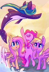 Size: 700x1024 | Tagged: safe, artist:meekcheep, character:fluttershy, character:meadow flower, character:pinkie pie, oc, oc:marina (efnw), ponysona, andrea libman, everfree northwest, hybrid, jumping, merpony, nose in the air, orca, orca pony, original species, voice actor joke