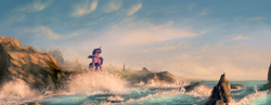 Size: 2600x1008 | Tagged: dead source, safe, artist:shamanguli, character:twilight sparkle, character:twilight sparkle (alicorn), species:alicorn, species:pony, species:seagull, female, mare, ocean, scenery, scenery porn, solo, water, wave