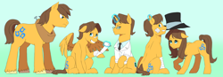 Size: 4618x1612 | Tagged: safe, artist:pikokko, character:caramel, character:doctor horse, character:doctor stable, character:toffee, species:earth pony, species:pegasus, species:pony, species:unicorn, bandage, bandaid, blue background, brother and sister, brothers, chance-a-lot, clothing, creme brulee, female, floppy ears, frown, glare, grin, hat, headcanon, looking at you, looking back, magic, male, mouth hold, necktie, nervous, possible family, raised hoof, simple background, sitting, smiling, spread wings, squee, telekinesis, unamused, unshorn fetlocks, wings