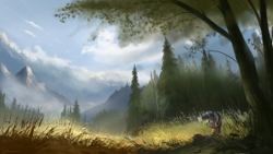 Size: 1920x1080 | Tagged: dead source, safe, artist:shamanguli, character:zecora, species:zebra, clearing, female, field, forest, mountain, scenery, scenery porn, solo, wallpaper