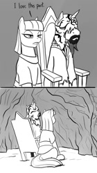 Size: 704x1256 | Tagged: safe, artist:mistermech, character:maud pie, cave, crossover, dark souls, dark souls 2, felkin the outcast, monochrome, ponified, rock, stare, wall