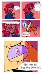 Size: 604x1050 | Tagged: safe, artist:stevetwisp, edit, character:sunset shimmer, my little pony:equestria girls, bill cipher, blushing, collage, comic, crossover, freckles, gravity falls, humanized, implied lesbian, implied sunsetsparkle, implied twilight sparkle, magic, pony falls, this will end in tears, xk-class end-of-the-world scenario