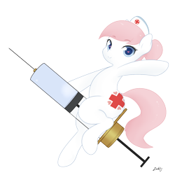 Size: 1280x1280 | Tagged: safe, artist:zoarity, character:nurse redheart, female, giant syringe, simple background, solo, straddling, syringe, transparent background, wingding eyes
