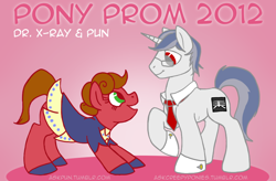 Size: 950x625 | Tagged: safe, artist:aisu-isme, oc, oc only, oc:dr. x-ray, oc:pun, species:pony, ask the creepy ponies, clothing, glasses, pony prom, skirt