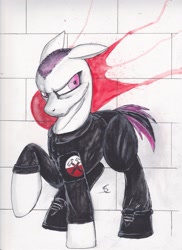Size: 1701x2338 | Tagged: safe, artist:scribblepwn3, oc, oc only, species:earth pony, species:pony, blood, crossover, pen drawing, pink, pink floyd, solo, the wall, traditional art, watercolor painting