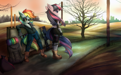 Size: 2000x1250 | Tagged: safe, artist:kairaanix, character:rainbow dash, character:twilight sparkle, species:anthro, species:plantigrade anthro, cigarette, clothing, dead tree, duo, energy weapon, fallout, female, grin, gun, laser rifle, raider, smiling, smoking, sunglasses, tree, wasteland, weapon