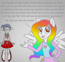 Size: 700x675 | Tagged: safe, artist:aisu-isme, oc, oc only, oc:artbeat, oc:dr. x-ray, my little pony:equestria girls, ask the creepy ponies, blushing, equestria girls prototype, equestria girls-ified, glasses, ponied up, rule 63