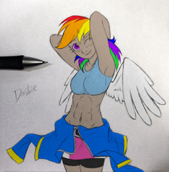 Size: 1941x1975 | Tagged: safe, artist:ixalon, artist:redapropos, edit, character:rainbow dash, species:human, abs, armpits, belly button, blushing, color edit, colored, female, humanized, pencil drawing, sketch, solo, traditional art, winged humanization, wink, wip