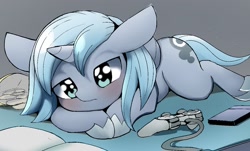 Size: 1024x619 | Tagged: safe, artist:skippy_the_moon, character:princess luna, species:alicorn, species:pony, gamer luna, g4, clothing, controller, female, filly, gamer woona, hoof shoes, lying down, prone, shoes, solo, woona