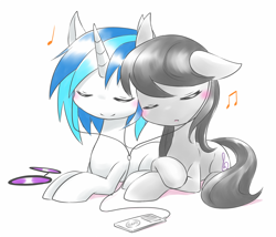 Size: 1000x856 | Tagged: safe, artist:hashioaryut, character:dj pon-3, character:octavia melody, character:vinyl scratch, ship:scratchtavia, eyes closed, female, ipod, lesbian, music, pixiv, prone, shipping