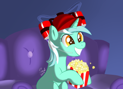 Size: 1800x1300 | Tagged: safe, artist:soulfulmirror, character:lyra heartstrings, cap, clothing, drinking hat, female, food, hat, hype, irrational exuberance, popcorn, smiling, solo