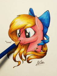 Size: 3120x4160 | Tagged: safe, artist:lollipony, oc, oc only, oc:bay breeze, species:pegasus, species:pony, boop, bow, female, hair bow, mare, pencil, simple background, solo, tongue out, traditional art, white background