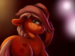 Size: 2000x1500 | Tagged: safe, artist:verulence, character:applejack, species:earth pony, species:pony, clothing, cowboy hat, female, frown, hat, hat tip, lidded eyes, looking at you, looking back, moody, sad, solo, stetson