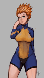 Size: 510x900 | Tagged: safe, artist:xenstroke, character:spitfire, species:human, breasts, busty spitfire, female, humanized, solo, stupid sexy spitfire, wonderbolts, wonderbolts uniform