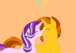 Size: 1024x713 | Tagged: safe, artist:colourstrike, character:starlight glimmer, character:sunburst, ship:starburst, kissing, shipping, simple background