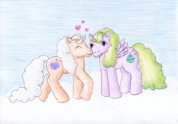 Size: 1024x713 | Tagged: safe, artist:normaleeinsane, character:lavender lace, g1, eyes closed, heart, lavender lace (g1), sweet lily, traditional art