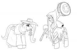 Size: 1289x842 | Tagged: safe, artist:mistermech, character:fluttershy, character:pinkamena diane pie, character:pinkie pie, bell, black church set, bloodborne, cannon, crossover, madman's set, monochrome, saw, whirligig saw