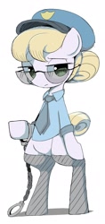 Size: 968x2048 | Tagged: safe, artist:skippy_the_moon, character:copper top, species:pony, bipedal, clothing, coffee mug, female, police uniform, socks, solo