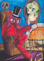 Size: 1701x2338 | Tagged: safe, artist:scribblepwn3, oc, oc only, species:pegasus, species:pony, alcohol, champagne, commission, fire, food, pen drawing, sitting, solo, traditional art, watercolor painting