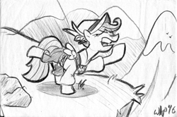 Size: 895x594 | Tagged: safe, artist:wingbeatpony, character:scootaloo, species:pegasus, species:pony, episode:on your marks, g4, my little pony: friendship is magic, clothing, eyes closed, female, lederhosen, monochrome, mountain, open mouth, raised hoof, raised leg, solo, that was fast, yodeloo