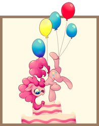 Size: 6600x8400 | Tagged: safe, artist:bloodatius, character:pinkie pie, absurd resolution, balloon, cake, female, food, solo, then watch her balloons lift her up to the sky
