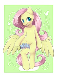 Size: 900x1200 | Tagged: safe, artist:ayahana, character:fluttershy, species:pegasus, species:pony, bipedal, blushing, butt wings, female, garter, happy, looking at you, mare, solo