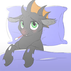 Size: 750x750 | Tagged: safe, artist:prettypinkpony, oc, oc only, oc:vesairus, species:changeling, bed, cuteling, floppy ears, male, sick, solo, thermometer, tired