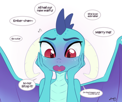 Size: 1500x1252 | Tagged: safe, artist:zoarity, character:princess ember, species:dragon, episode:gauntlet of fire, g4, my little pony: friendship is magic, blushing, cute, dialogue, embarrassed, emberbetes, fear me, female, i'm not cute, open mouth, simple background, solo, speech bubble, spread wings, tsundember, tsundere, waifu, white background, wide eyes, wings